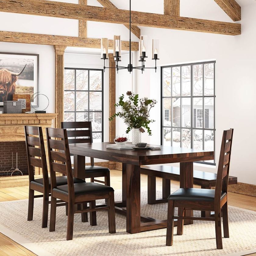 Picture of Galveston Rustic Solid Wood 6 Piece Dining Table Chair Set with Bench