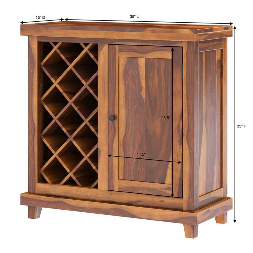 Virginia Rustic Solid Wood Small Wine Bar Cabinet Dimension Image