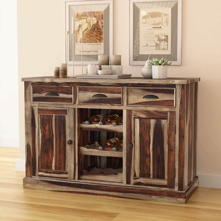 Picture of Hosford Modern Rustic Solid Wood 3 Drawer Wine Bar Cabinet