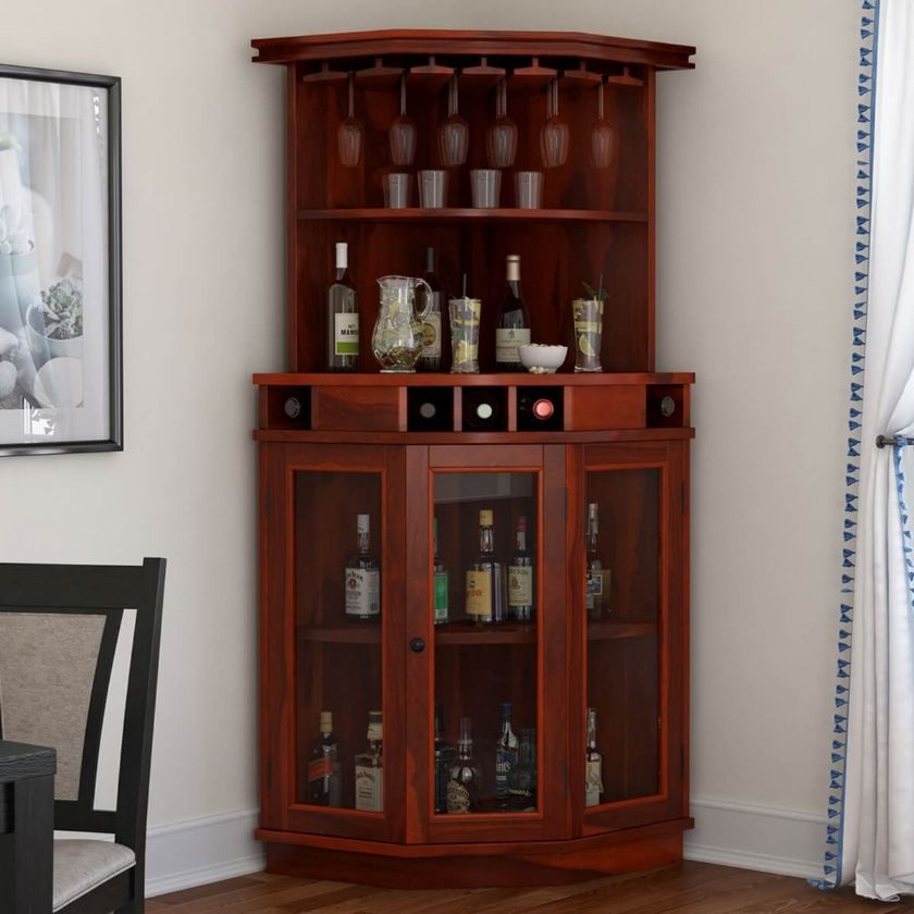 Picture of Maine Solid Wood Corner Bar Cabinet With Glass Doors