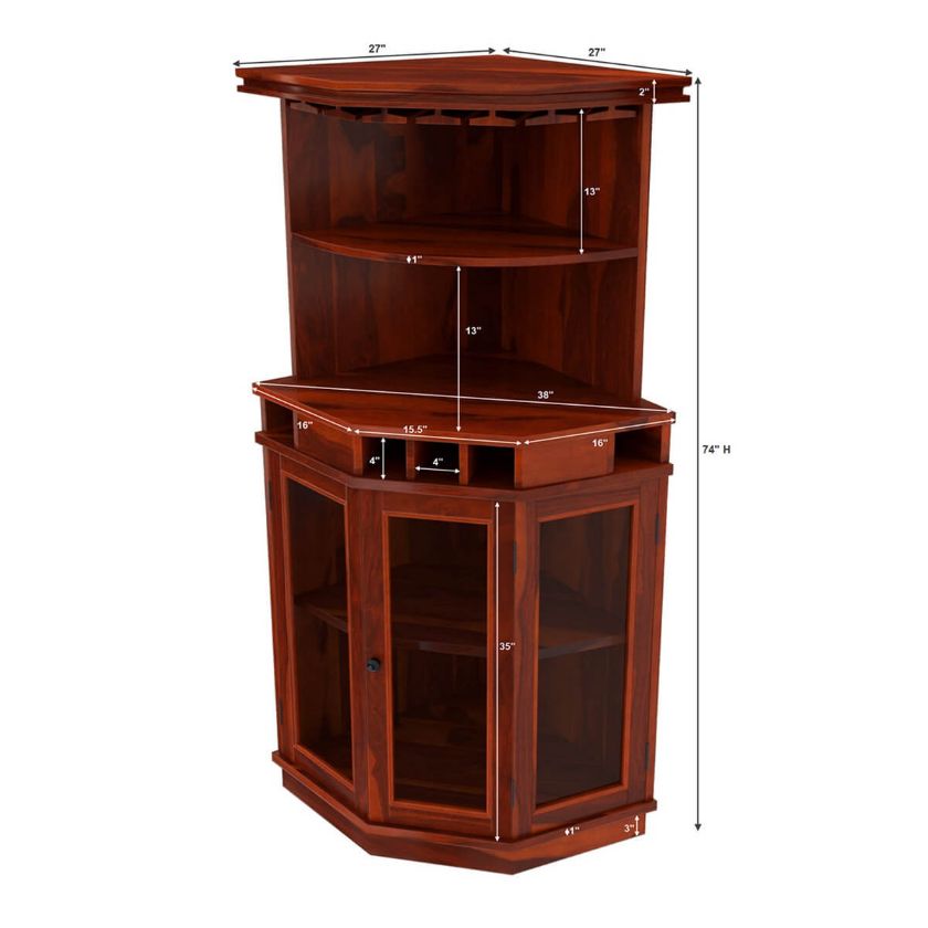 Solid Wood Corner Liquor Display Cabinet With Wine Storage Dimension Image