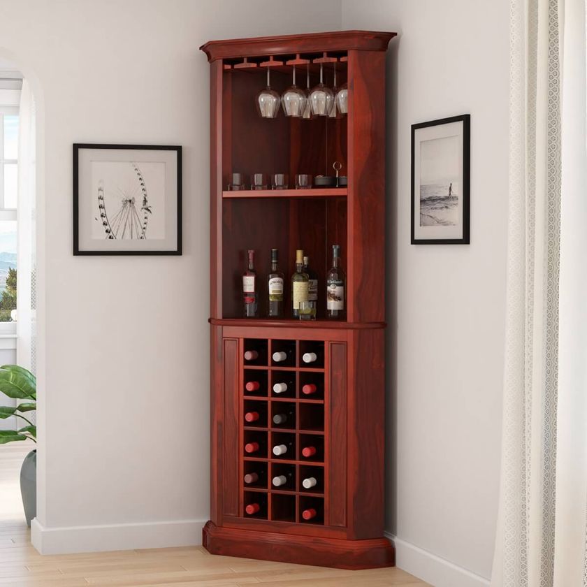 Picture of Louis Rustic Solid Wood Tall Corner Bar Cabinet With Wine Rack