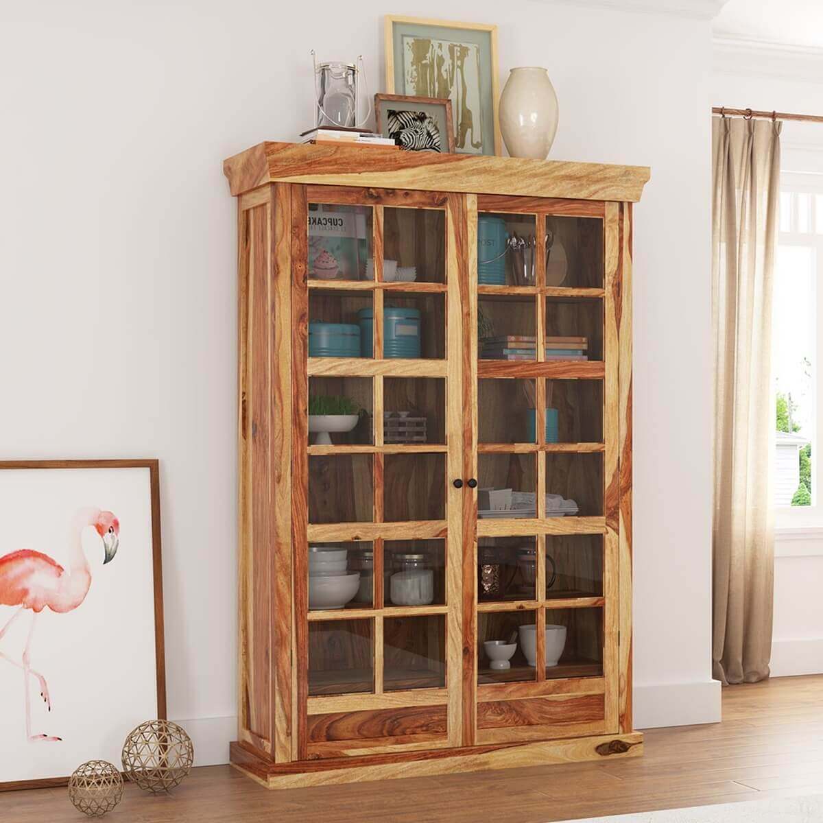 Peoria Rustic Solid Wood Glass Door Large Storage Cabinet.