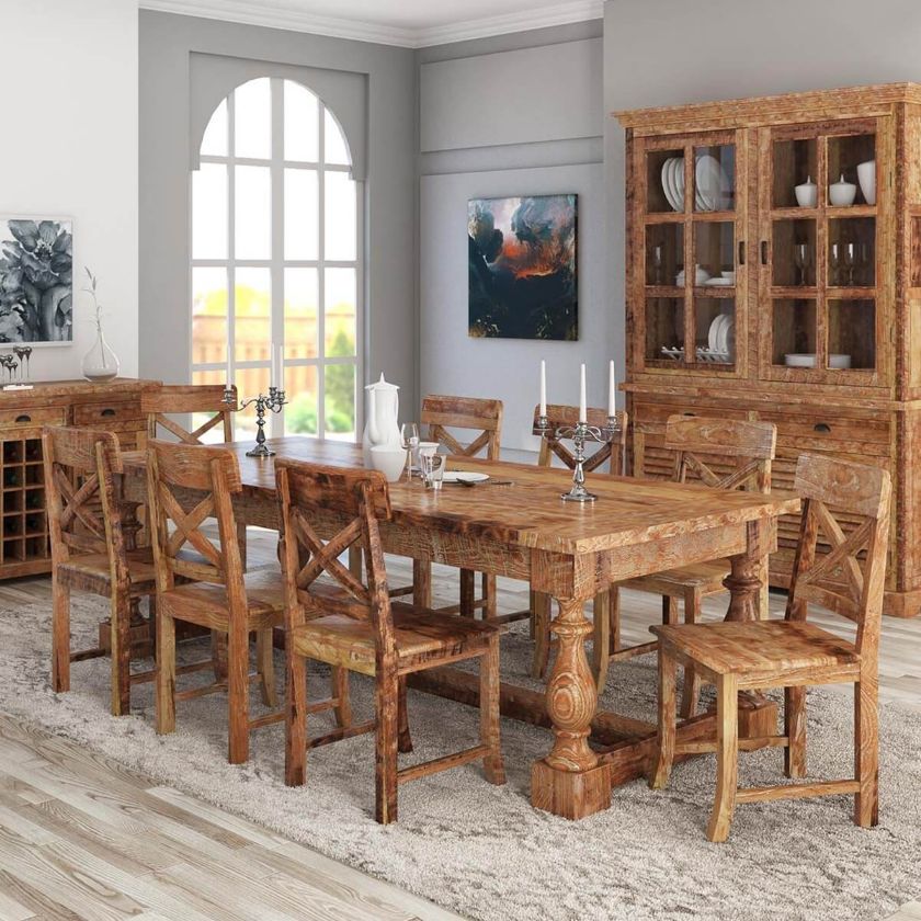 Picture of Britain Rustic Solid Wood Trestle Baluster Large Dining Table Set