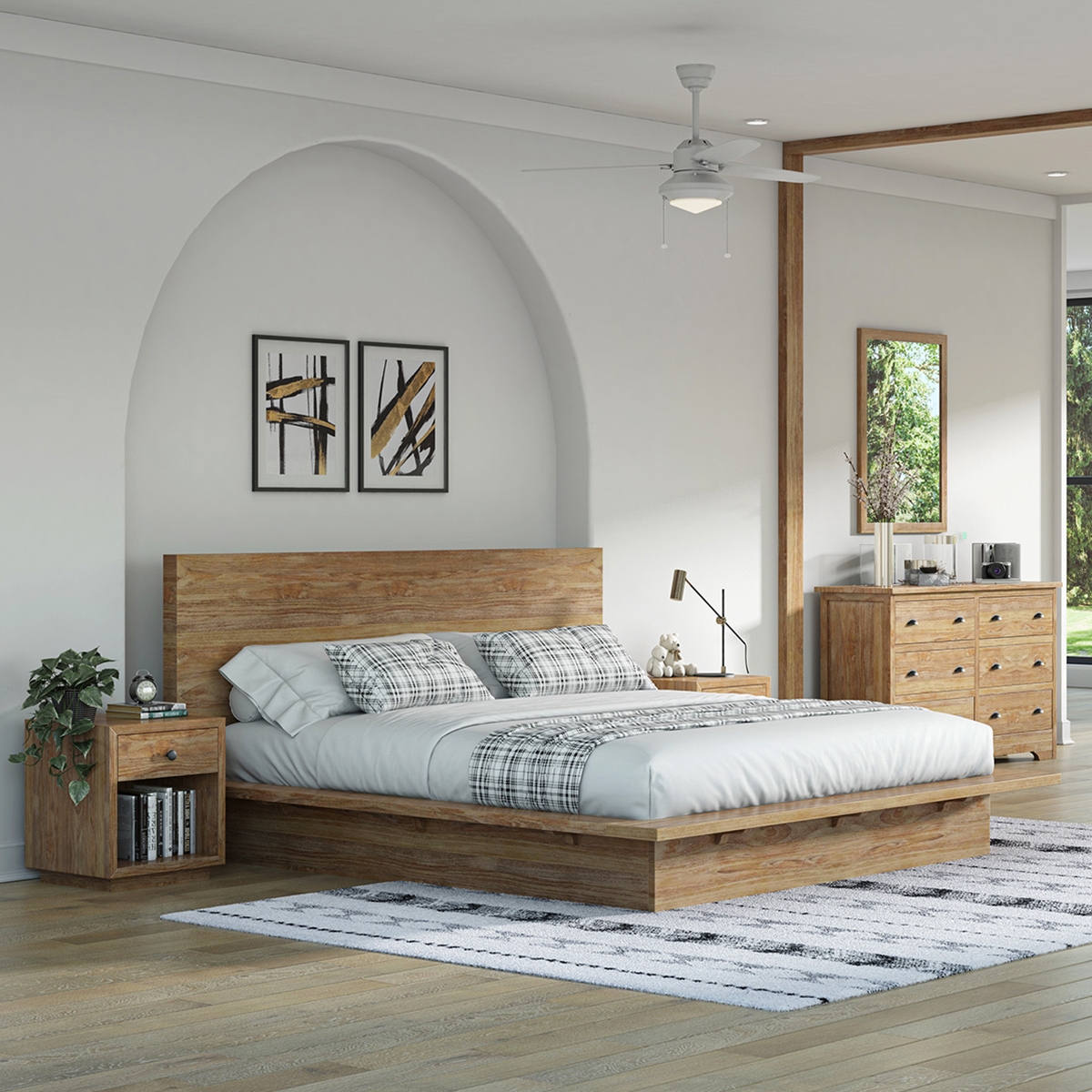 Modern Queen Bedroom Set with 2 Nightstands Solid Wood Platform