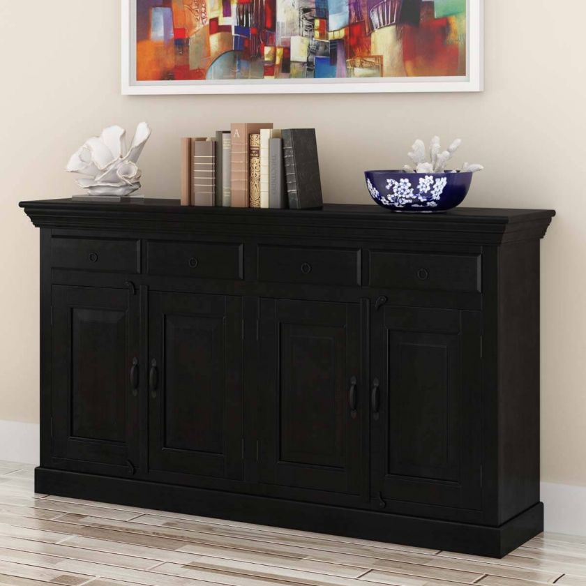 Picture of Urban Rustic Solid Wood 4 Drawer Black Dining Large Buffet Cabinet