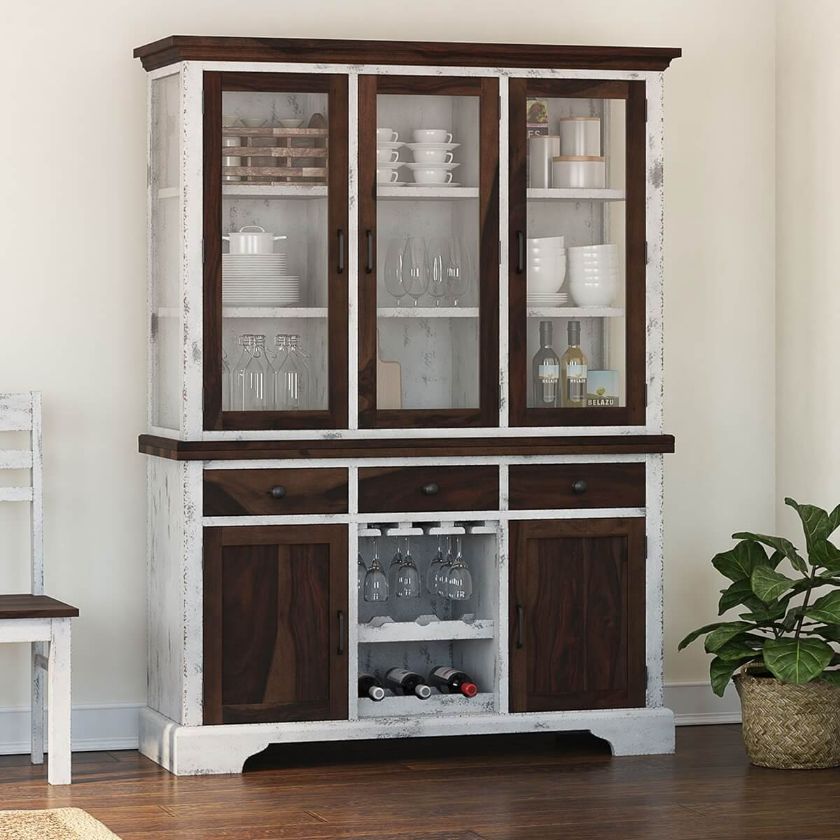 Picture of Illinois Modern Two Tone Rustic Solid Wood Glass Door Dining Bar Hutch