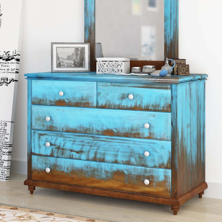 Picture of Empire Blue Dawn Rustic Solid Mango Wood Bedroom Dresser With 5 Drawer