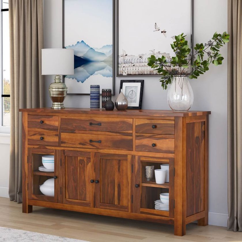 Picture of Cloverdale Solid Wood Glass Door 6 Drawer Large Sideboard Cabinet