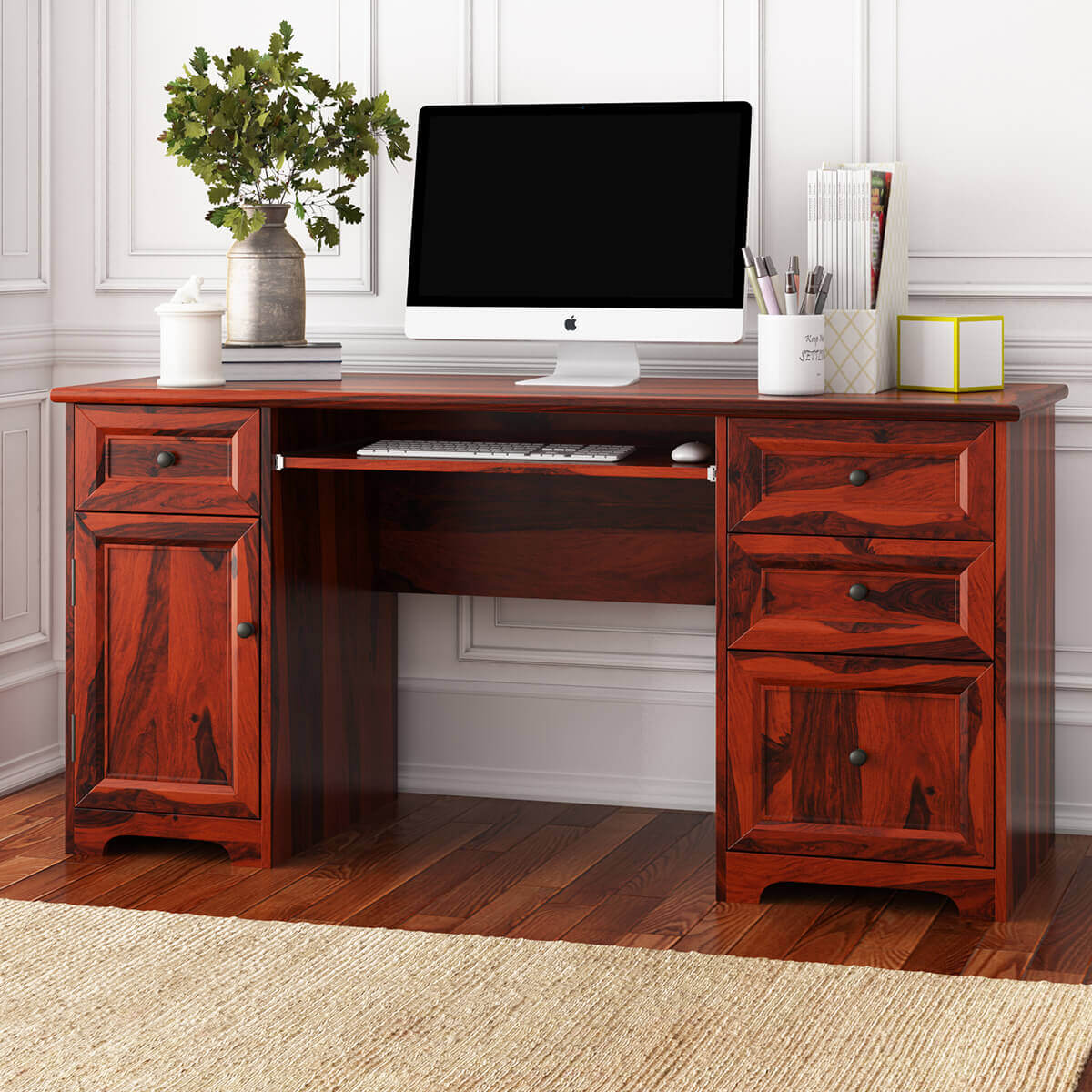 Poston Rustic Solid Wood 4 Drawer 62 Large Home Office Computer Desk.