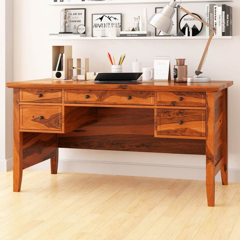 Picture of Calypso Solid Wood 60 Inch Large Modern Writing Desk With 5 Drawers