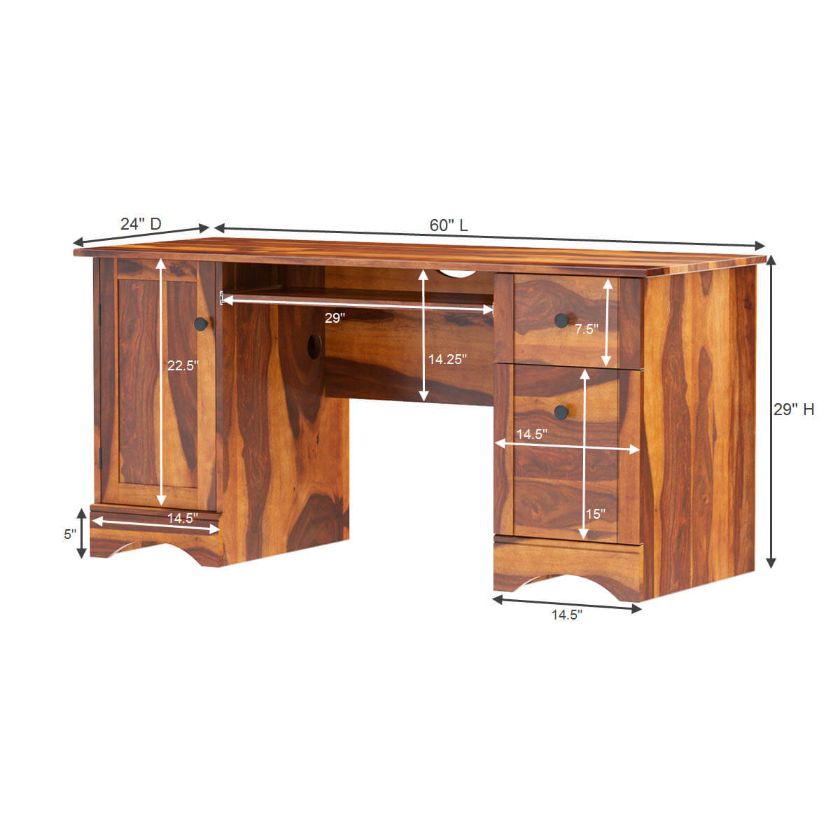Gisela Solid Wood Computer Desk With Wooden Keyboard Tray  Dimension Image