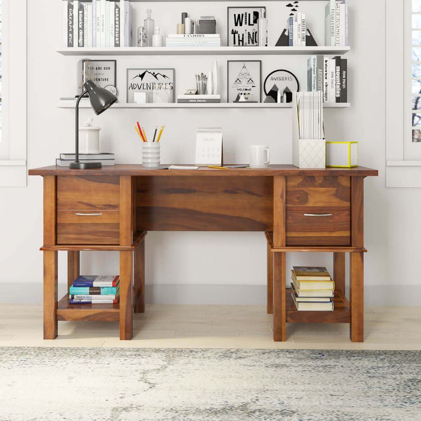 Picture of Burnettsville Rustic Solid Wood Writing Desk With File Cabinets