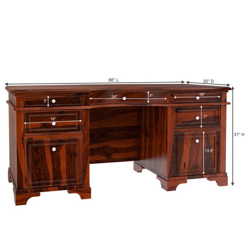 Victorian Style Rustic 66 Inch Solid Wood Home Office Executive Desk Dimension Image