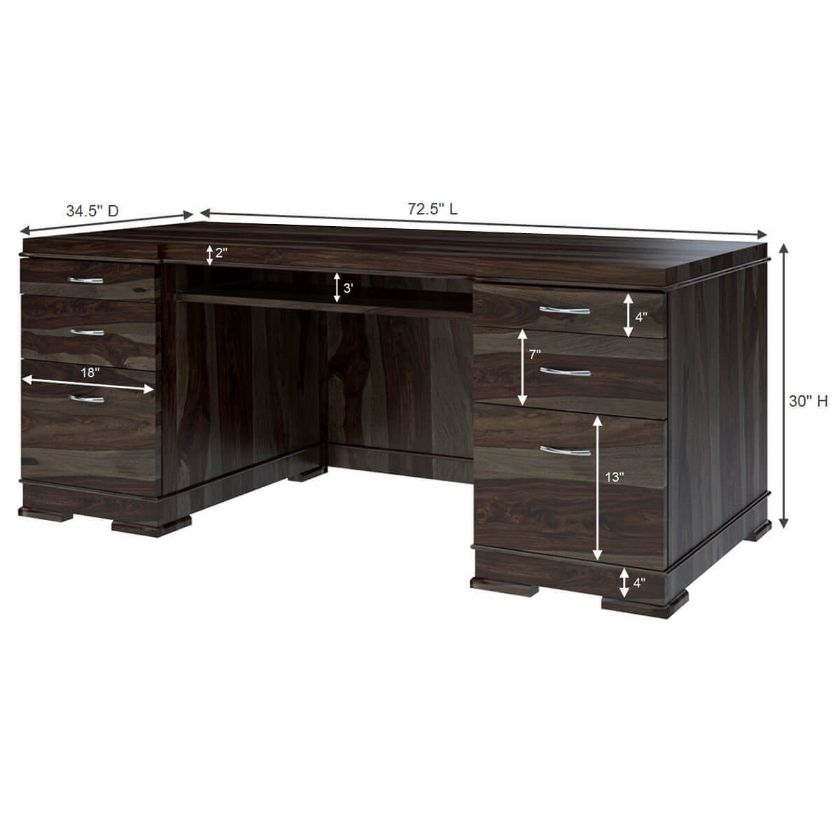 Blanford Rustic Solid Wood Home Office Executive Desk w File Cabinets Dimension Image