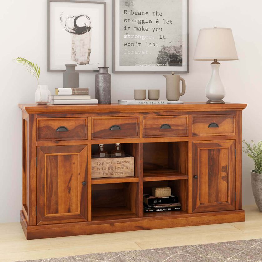 Picture of Ballico Rustic Solid Wood Front Open Shelf 4 Drawer Large Sideboard