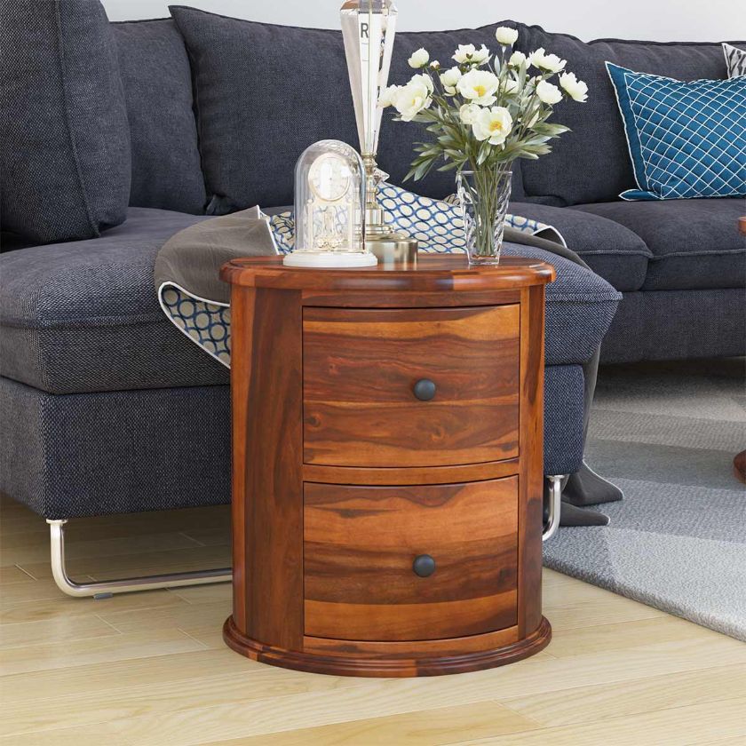 Picture of Friant Rustic Solid Wood 2 Drawer Round End Table