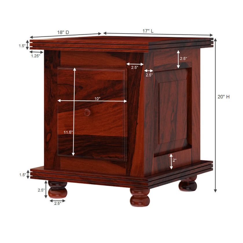 Arca Rustic Solid Wood 1 Drawer Storage End Table Dimension Image