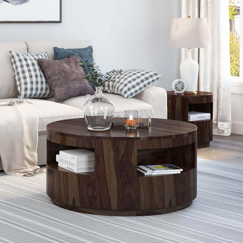 Picture of Ladonia Solid Wood 36 Inch Round Coffee Table With Shelves