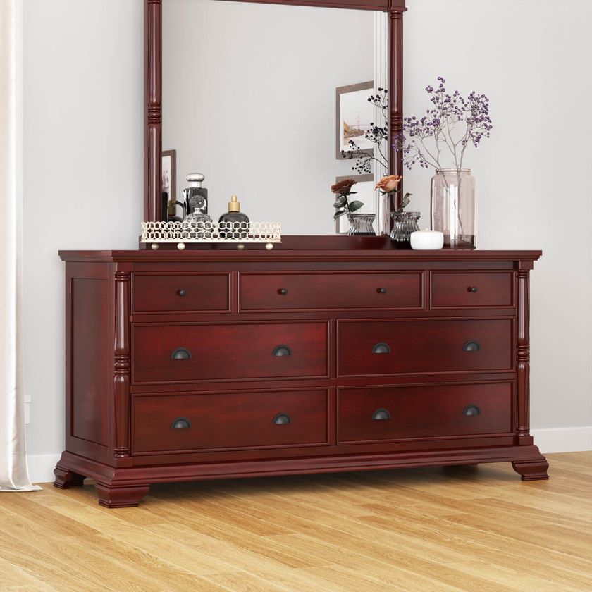 Picture of Cayuta Traditional Solid Mahogany Wood Extra Long 7 Drawer Dresser