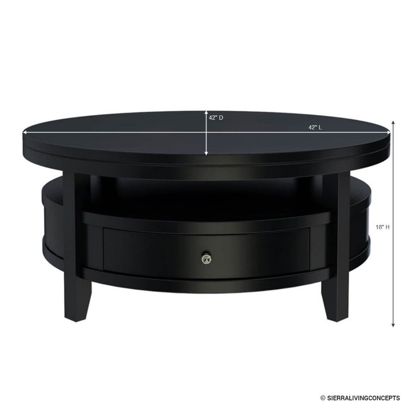 Toledo Solid Wood Black Modern Round Coffee Table Size Image