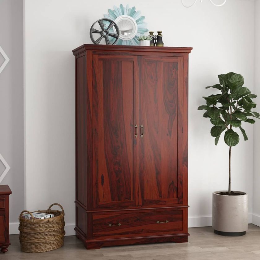 Picture of Modesto Rustic Wood Large Wardrobe Armoire With Shelves And Drawer