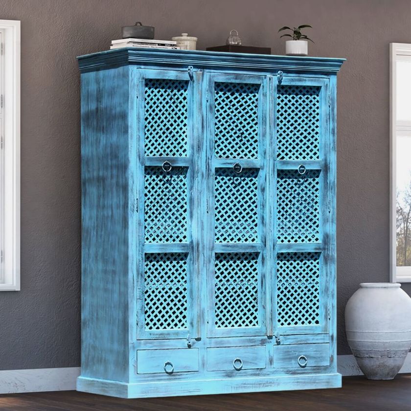 Picture of Turin Distressed Blue Reclaimed Wood 3 Drawer Large Armoire Wardrobe
