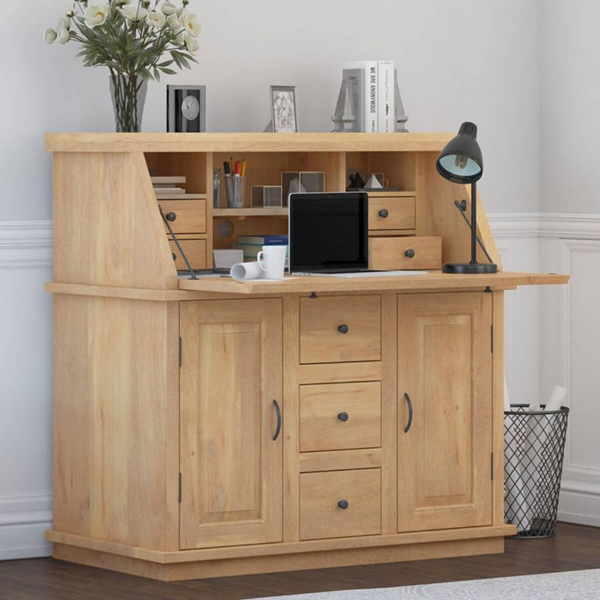 Picture of Mapalia Rustic Solid Wood Drop Front Secretary Desk