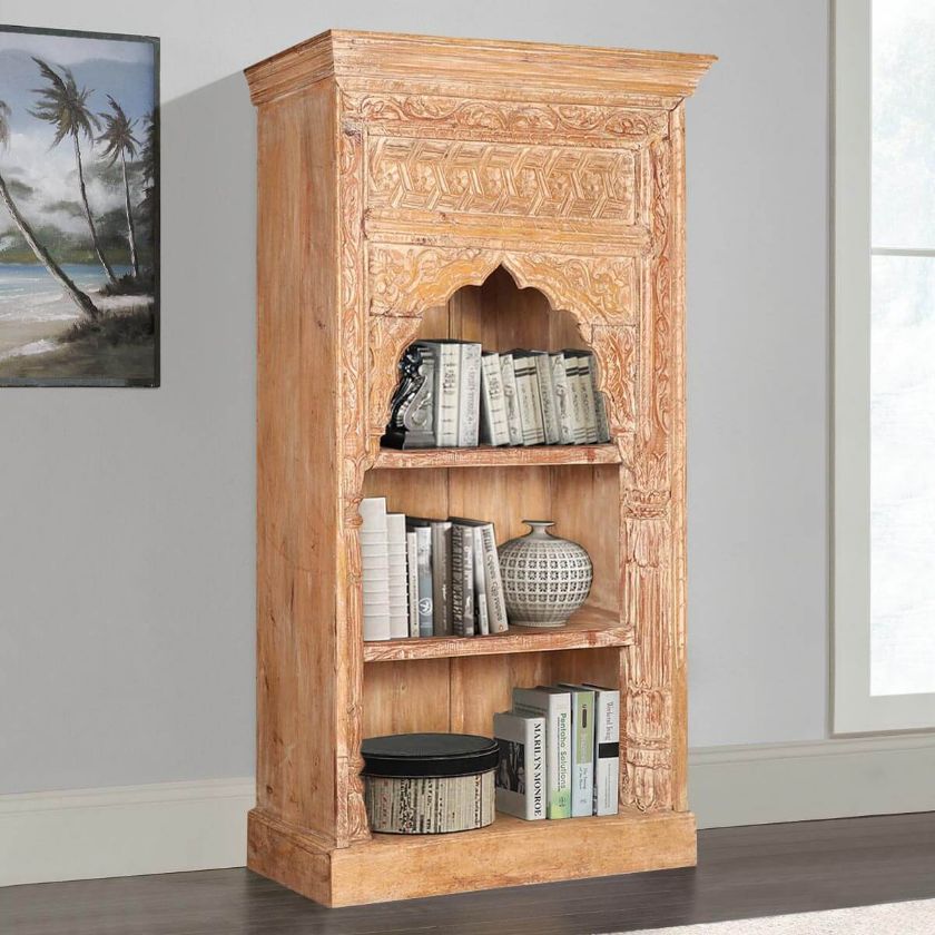 Picture of Alluwe Rustic Reclaimed Wood 3 Open Shelf Hand Carved Arch Bookcase