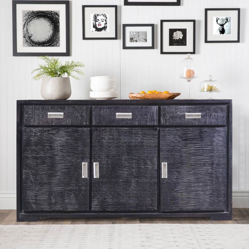 Picture of Sidon Distressed Black Reclaimed Wood 3 Drawer Large Sideboard Cabinet