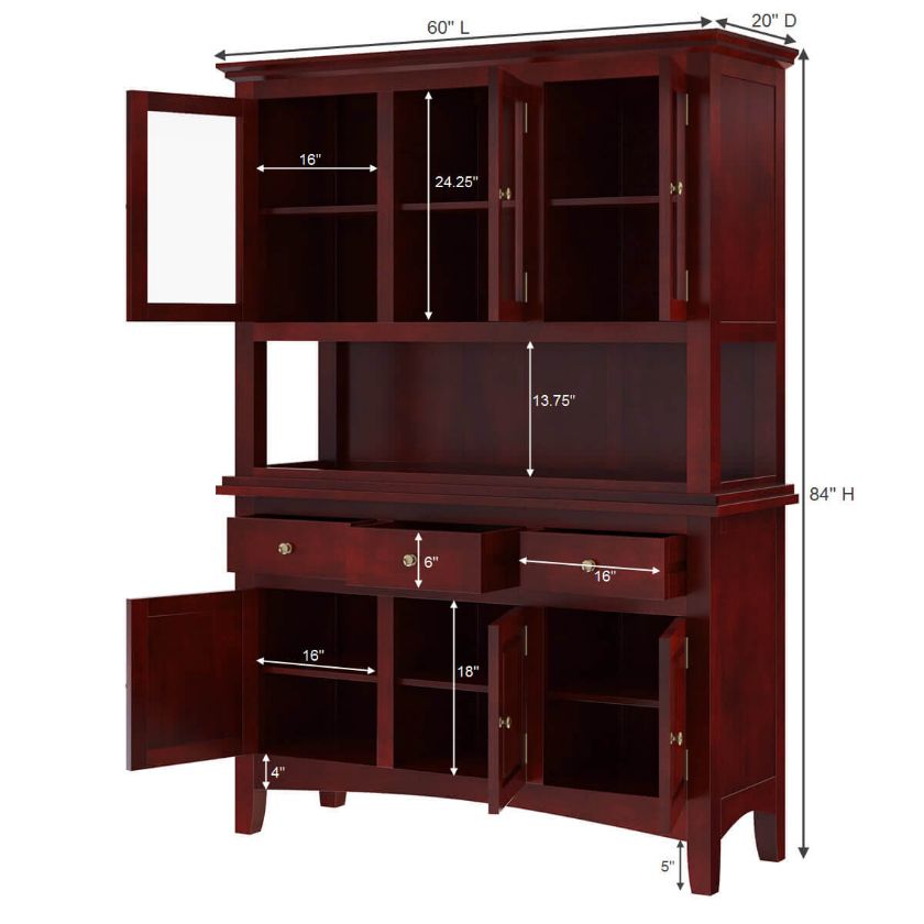Barryton Solid Mahogany Wood Glass Door Dining Room Hutch Dimension Image