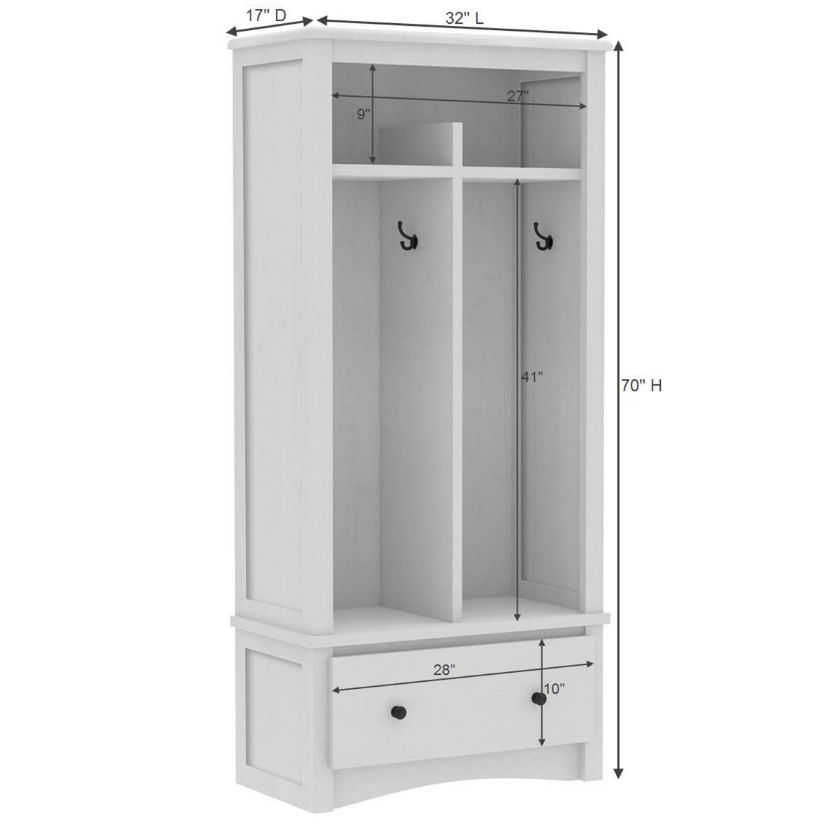 Louviers Solid Mahogany Wood White Entryway Hall Tree with Coat Rack Dimension Image