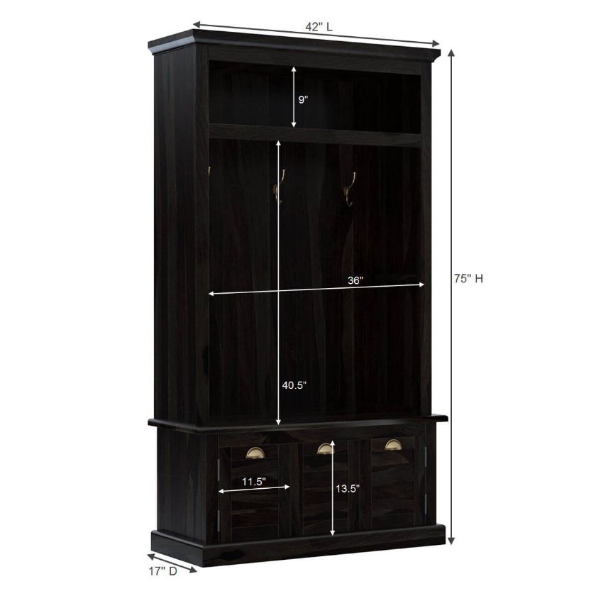 Naturita Rustic Solid Wood 42 inch Entryway Hall Tree with Storage Bench  Dimension Image