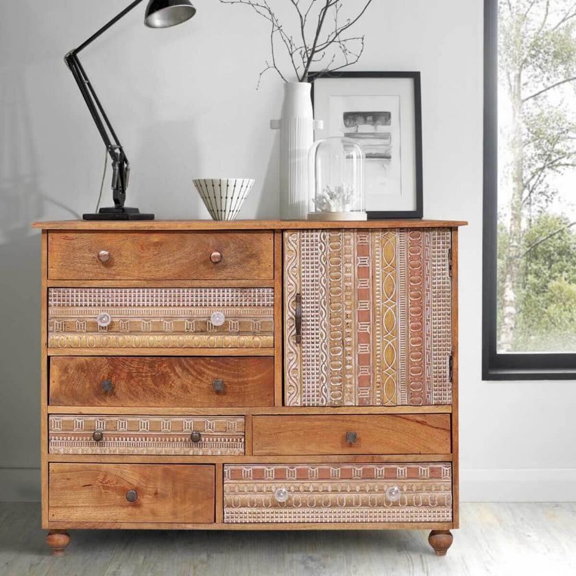 Picture of Hamlin Artistic Asymmetrical Reclaimed Wood 7 Drawer Rustic Dresser