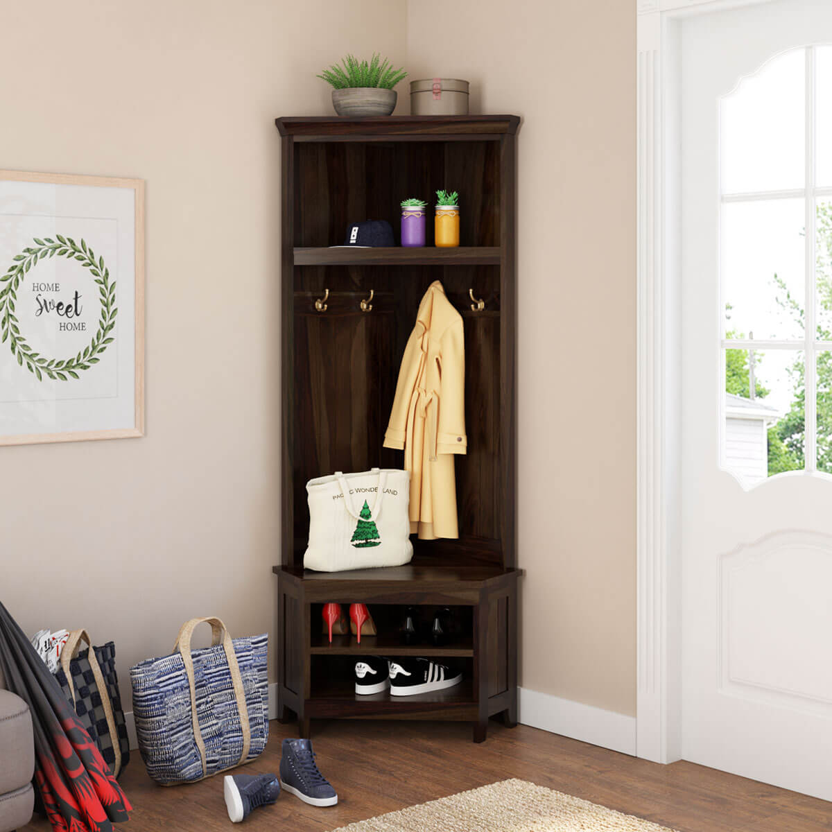 Black/Natural Entryway Hall Tree and Shoe Storage Bench