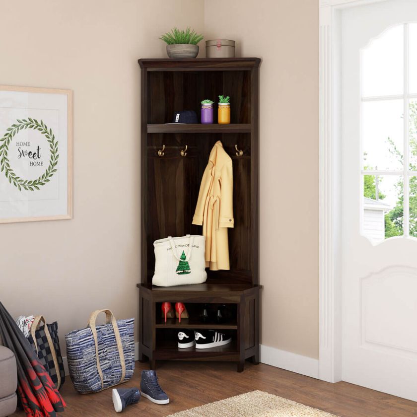 Picture of Savona Rustic Solid Wood Entryway Corner Hall Tree with Shoe Storage