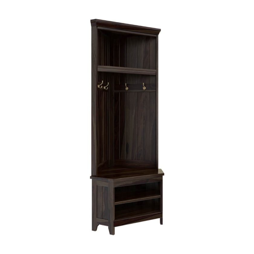 Savona Rustic Solid Wood Entryway Corner Hall Tree with Shoe Storage & Coat Rack Dimension Image