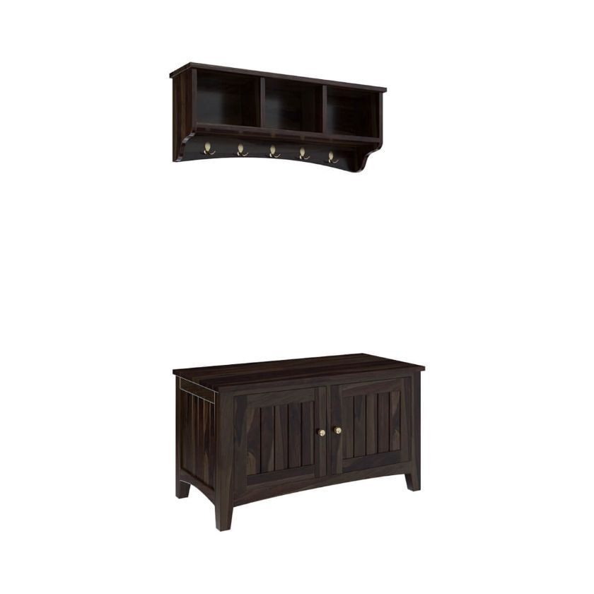 Smithsburg 36 inch Solid Wood Wall Hanging Entryway Hall Tree with Storage Bench Dimension Image