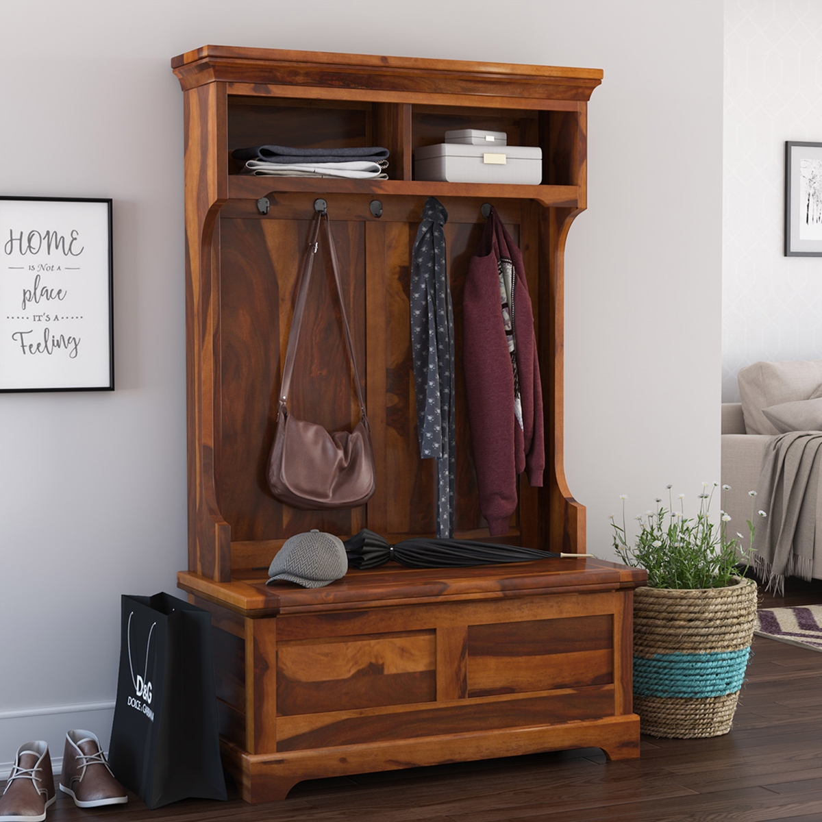 Owensville Rustic Solid Wood Entryway Hall Tree Bench with Storage.