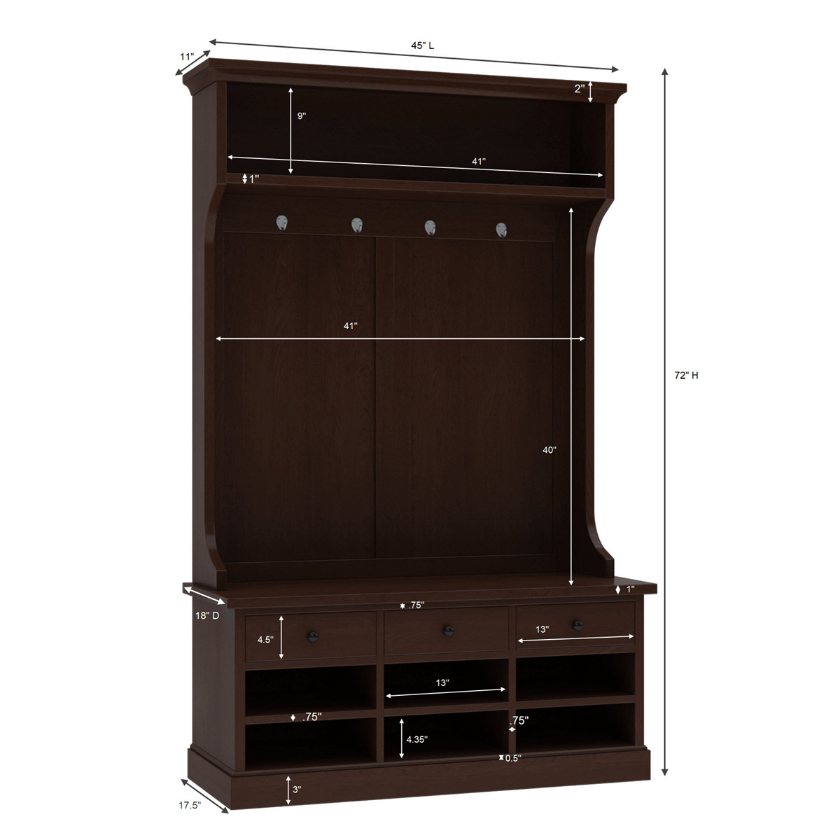 Perrysville 45 inch Solid Wood Entryway Hall Tree with Shoe Storage and Coat Hooks Dimension Image