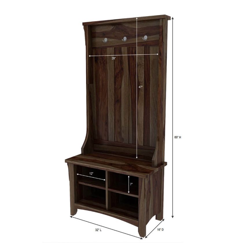 Milville 32 inch Rustic Solid Wood Entryway Hall Tree with Bench & Shoe Storage Dimension Image