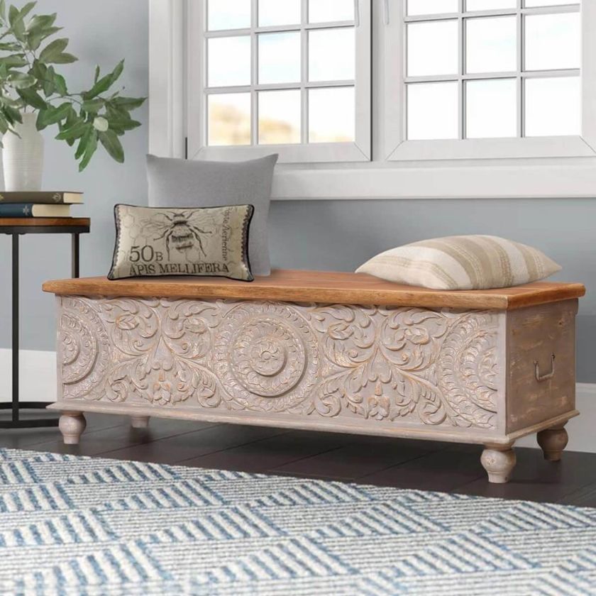 Picture of Nordic Reclaimed Wood Floral Hand Carved Storage Trunk Chest