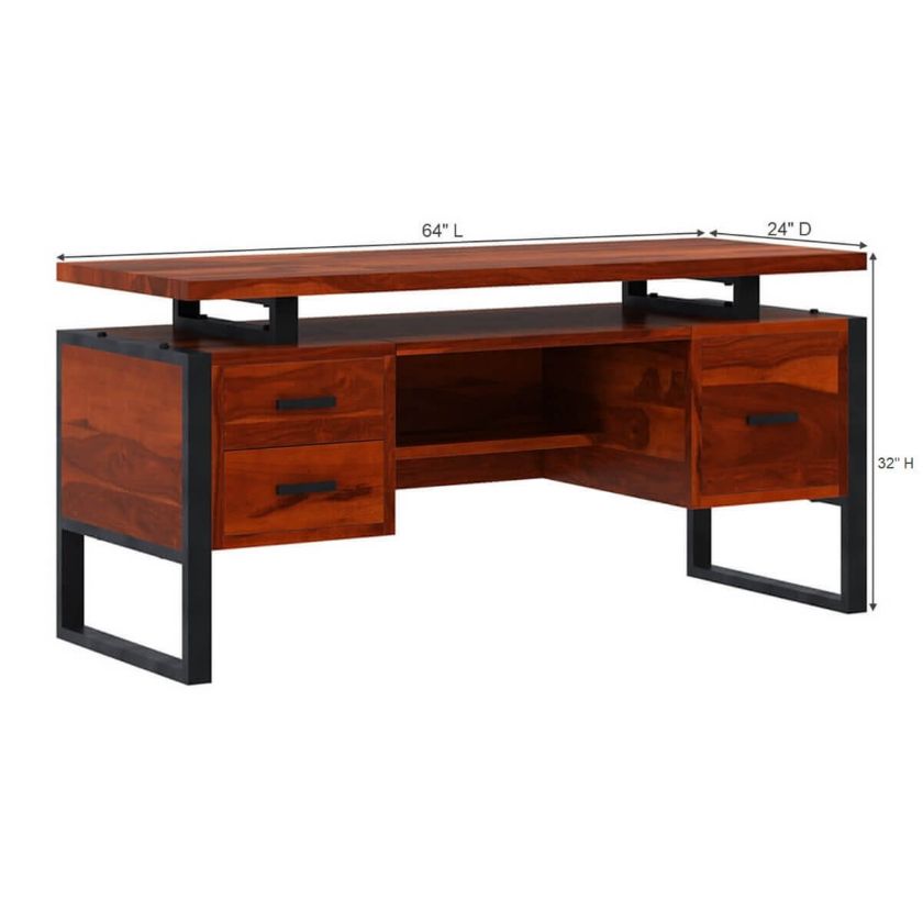 Hondah Solid Wood 64 Inch Modern Industrial Home Office Desk Dimension Image