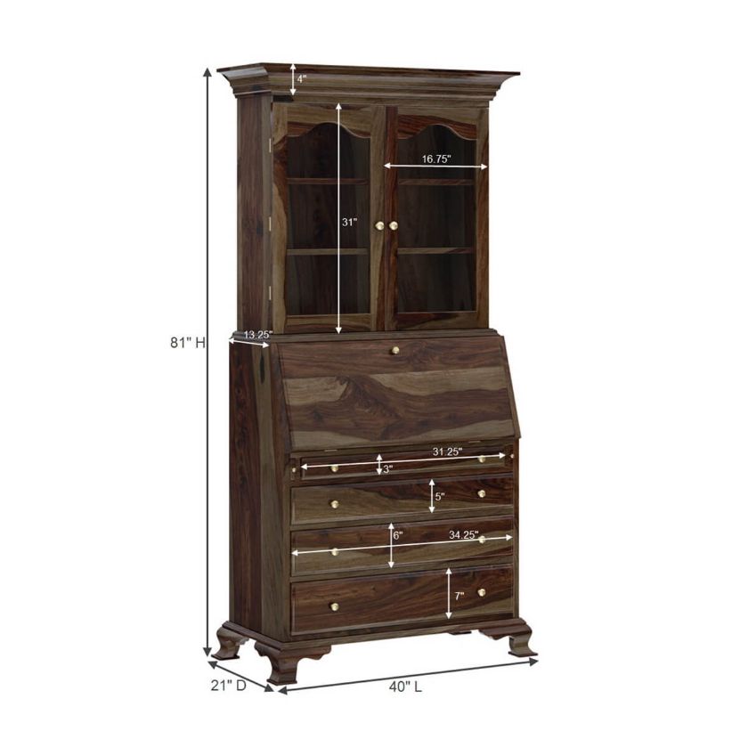 Jasper Tall Drop Front Solid Wood Home Office Secretary Desk With Hutch Size Image