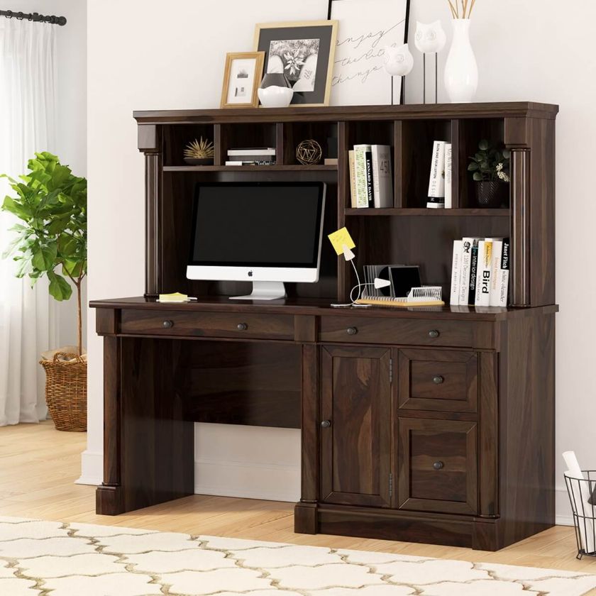 Picture of Perrinton Rustic Solid Wood Home Office Computer Desk With Hutch