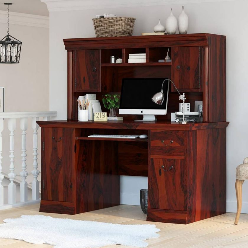 Picture of Brooten Rustic Solid Wood Home Office Computer Desk With Hutch