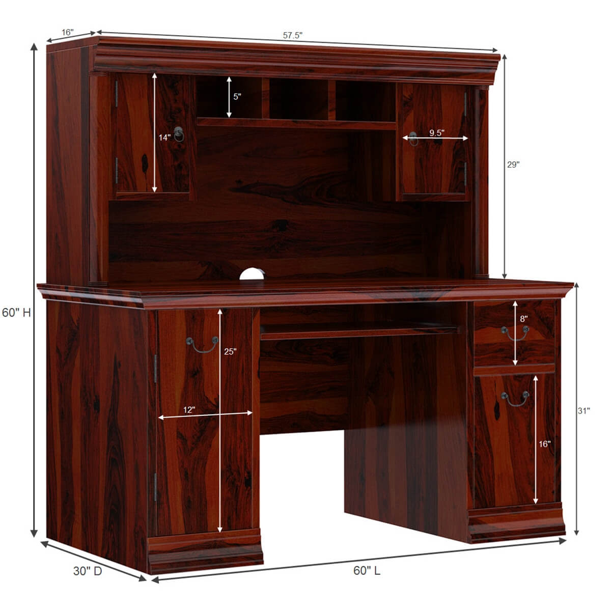 ATHMILE 59.06 in. Teak Home Office Computer Desk with Hutch, Brown