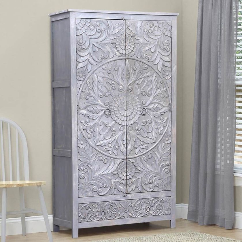 Picture of Tipton Hand Carved Solid Wood Rustic Grey Armoire