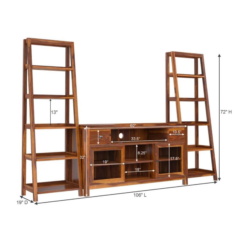 Hatfield Rosewood 3 Piece TV Stand Entertainment Center with Bookshelves Dimension Image