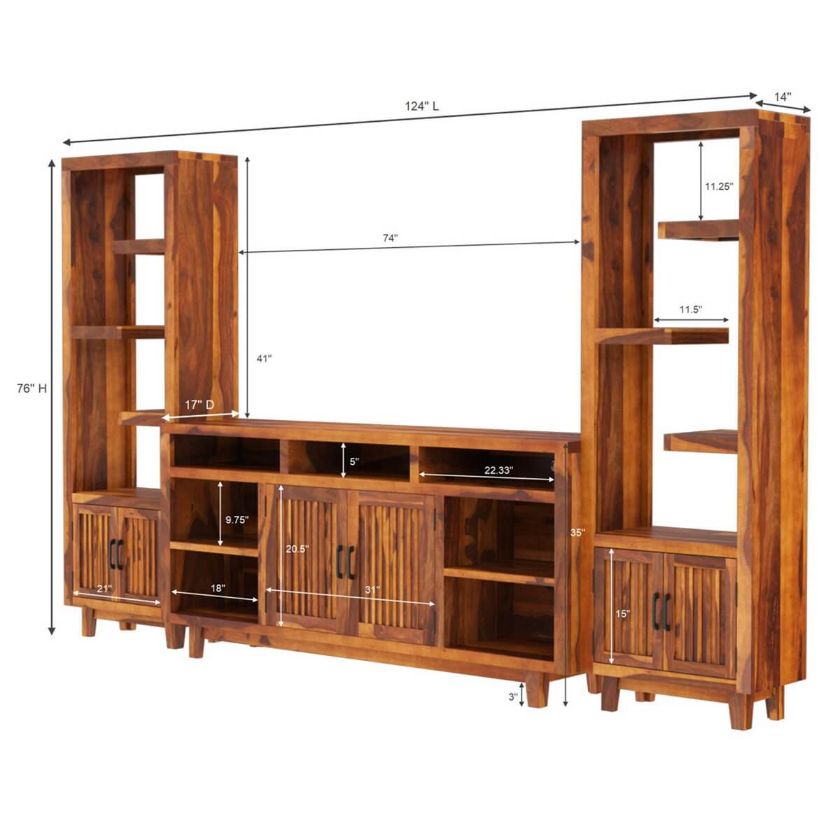 Fowlerton Solid Wood Entertainment Center with Bookshelves Dimension Image